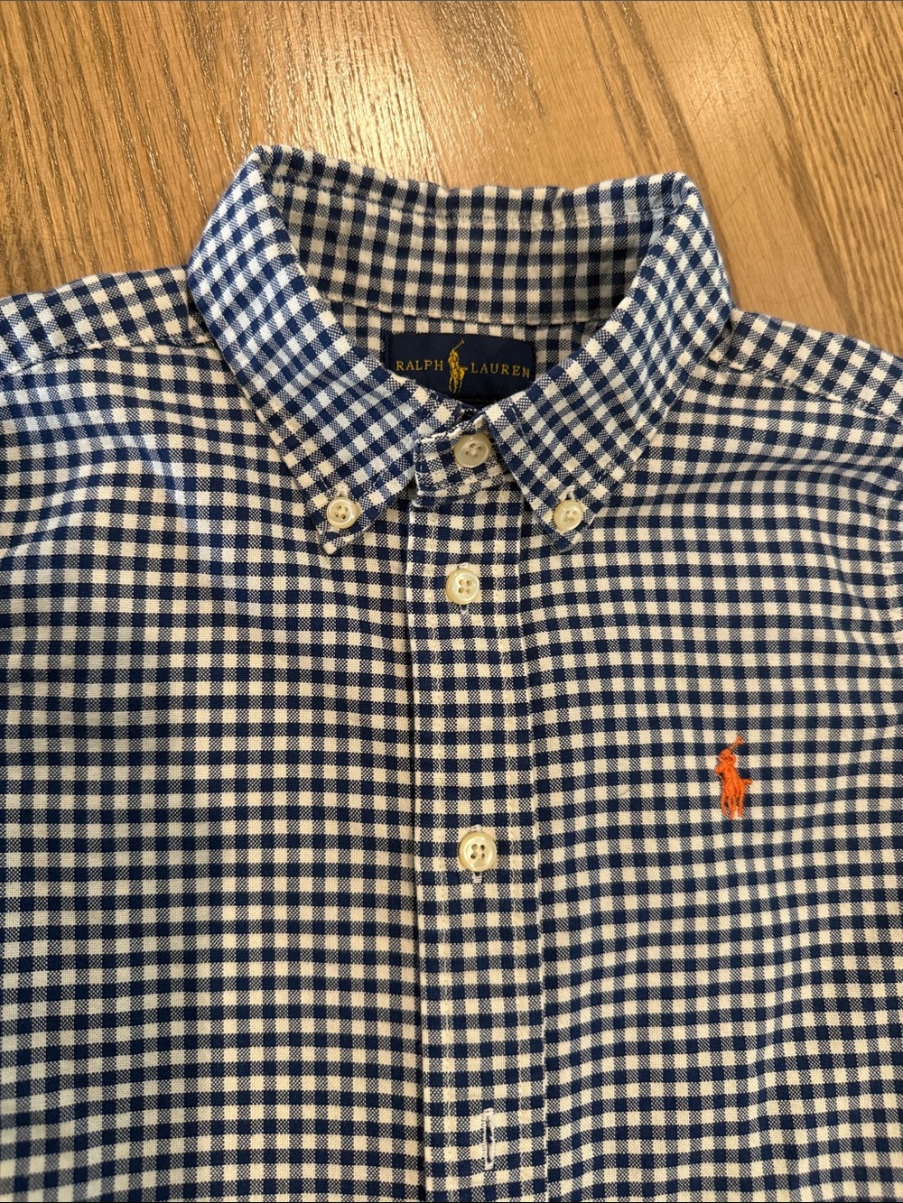 Ralph Lauren Navy and White Gingham Button-Down Shirt with Orange Pony 4T